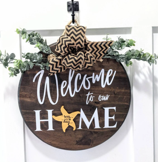Welcome To Our Home Interchangeable Door Wreath Hanger Deluxe Package 1 Thick Solid Wood 3 Interchangeable bows 3 Floral INCLUDED Jacobean